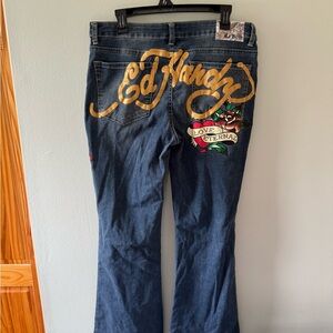 Ed Hardy Women's Dark Blue Flare Jeans with Gold and Red Accents